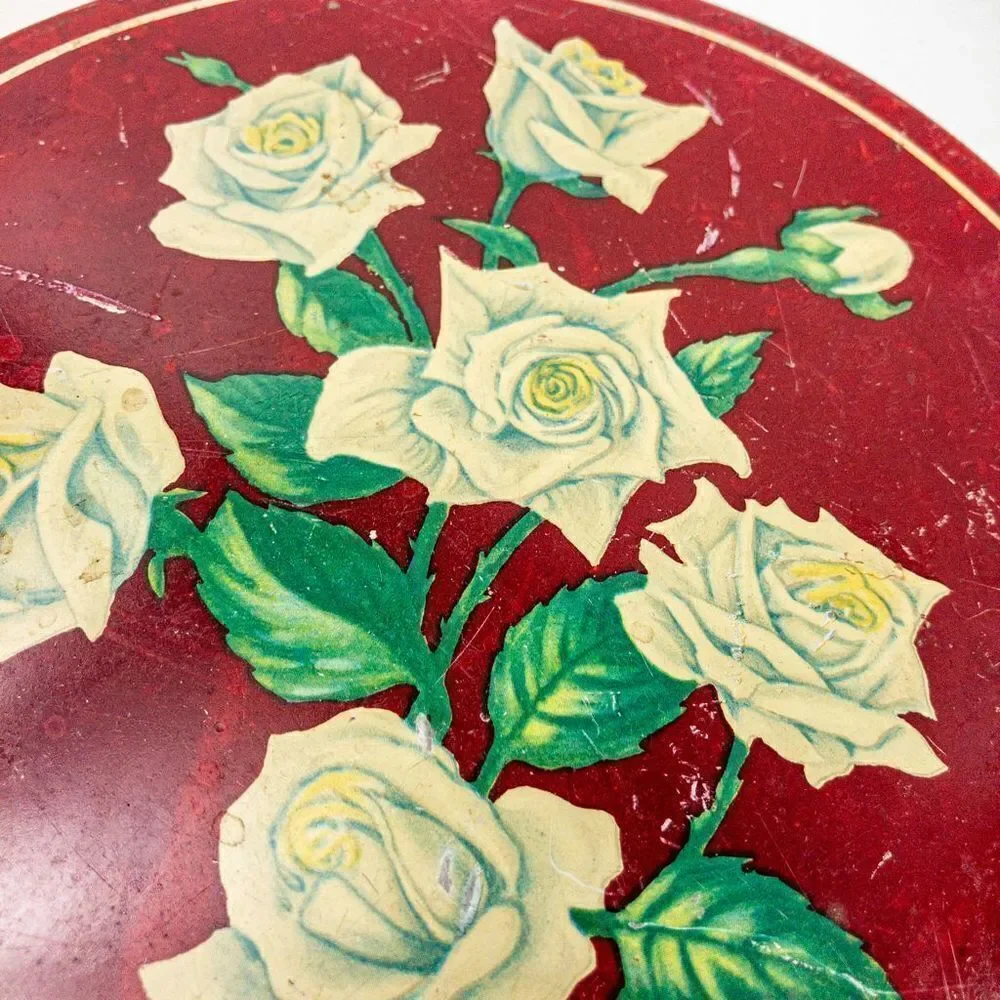 1940’s Vintage Cake Tin Burgundy Red/White Roses Romantic